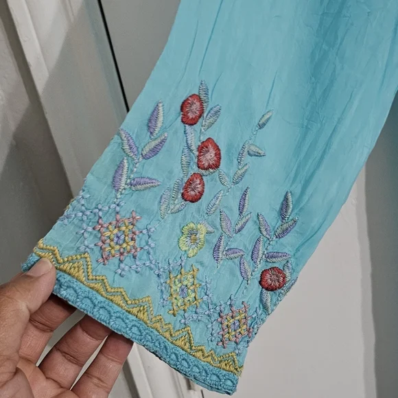 Johnny Was Vicenza Tunic Women's L Bright Turquoise Embroidered Boho Hippie Chic - Picture 4 of 10